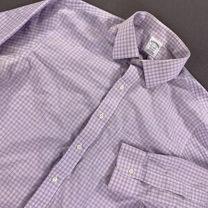 Brooks Brothers Shirt Mens 16.5 34 Purple Check Regent Non-Iron Supima Cotton